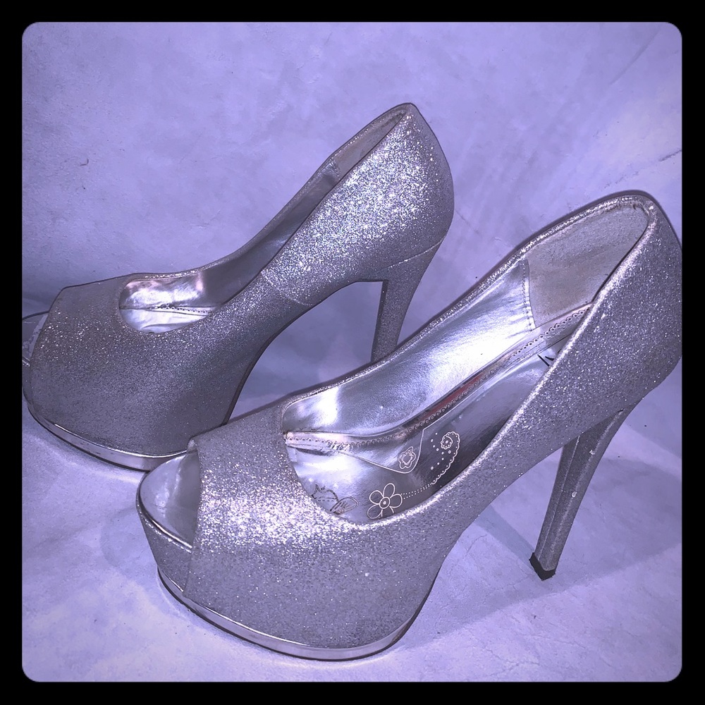 Silver peeptoe heels